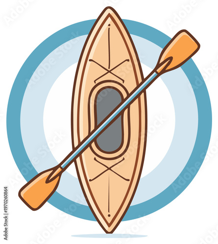 Kayak and paddle illustration floating in blue circle depicts water sport activities and outdoor adventure