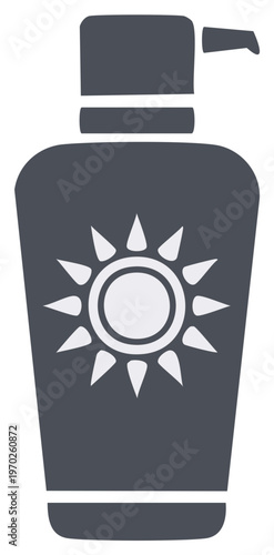 Minimalist dark gray sunscreen lotion bottle with pump dispenser and bright sun icon for summer protection