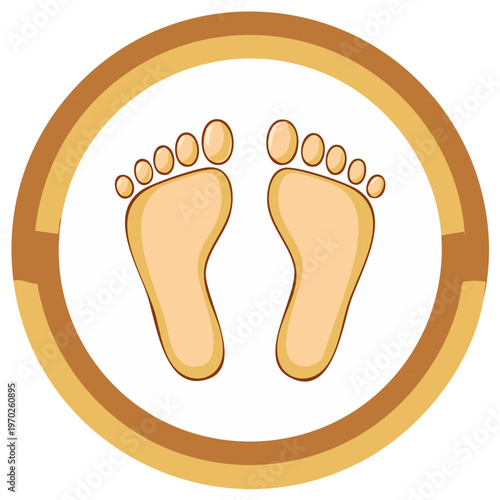Cartoon bare human feet icon symbol in a brown and gold circle frame