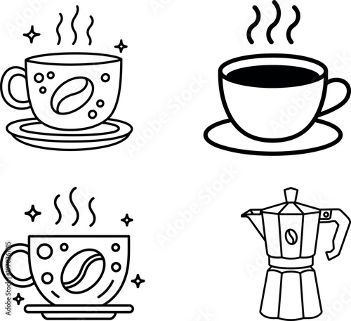 Illustrations of coffee and coffee-making methods in a minimalist style