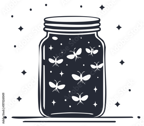 Illustration of a jar filled with fireflies and stars