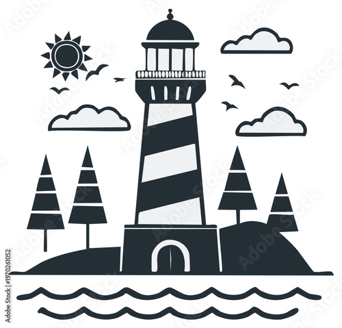 Iconic Lighthouse on Island with Trees and Wavy Ocean Under Sunny Sky