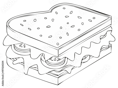 Detailed Line Art Illustration of a Sandwich with Multiple Ingredients