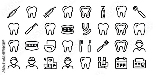 Dental care tools and tooth health outline icons set modern minimalistic medical vector illustration