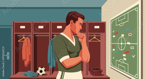 Man in green soccer jersey thinking.