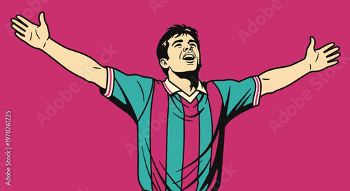 Man in striped soccer jersey celebrating.
