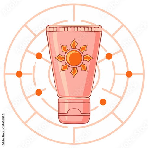 Stylized sunscreen tube with sun emblem and abstract UV protection shield