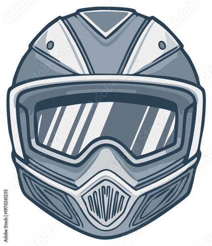 Graphic illustration of a protective motocross helmet with integrated goggles and chin guard