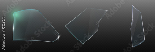 Broken glass shards collection reflecting on transparent background