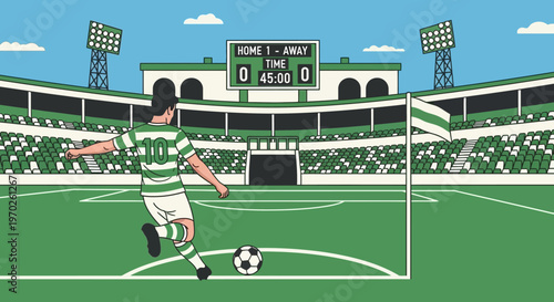 Man Kicking Soccer Ball in Stadium.