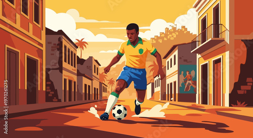 Man playing soccer on street.