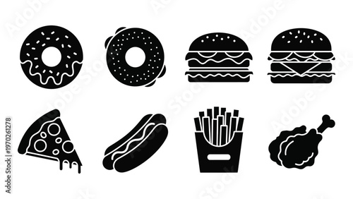 A collection of fast food icons including donuts burgers pizza hotdogs fries and chicken in silhouette high quality professional detailed modern