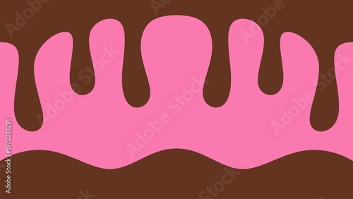 Sweet melting chocolate and pink strawberry icing glaze background. Melted syrup or dripping liquid sauce. Minimalist sweet chocolate and strawberry pink background. Minimalist wavy background.