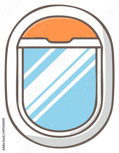 Simple cartoon illustration of an airplane window with an open shade and a view of the sky.