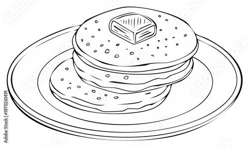 A stack of breakfast pancakes with a pat of butter on a plate black and white line art illustration