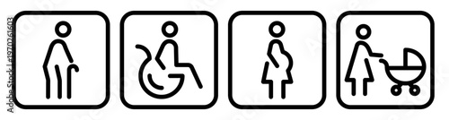 Priority access icon set in square frames. Outline pictograms of elderly person with walking stick, wheelchair user, pregnant woman and parent with baby stroller for public spaces and services