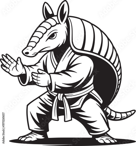 Cartoon armadillo in martial arts uniform performing karate stance illustration
