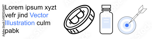 Cryptocurrency, finance, medical applications, target achievement, healthcare, precision. Bitcoin coin, bottle and target with arrow. Cryptocurrency and finance with precision goals concept