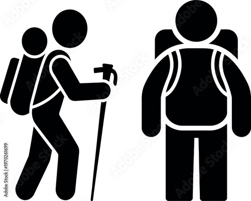 Two hikers with backpacks and trekking poles on a journey together