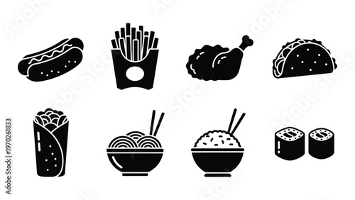 A collection of fast food items including hotdogs french fries tacos and sushi depicted as a silhouette high quality professional detailed