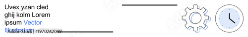 Time management, productivity, process automation, scheduling, workflow efficiency, and coordination. A gear icon and clock illustrate workflow and task scheduling. Time management and productivity