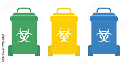 Biohazard medical waste containers used for segregating different types of clinical waste.
