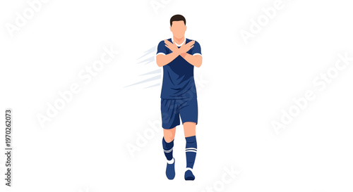 Man in blue soccer uniform standing.