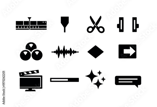 Video editing and post production: timeline with clips, playhead marker, cut scissors, trim handles, color grading wheels, audio waveform track