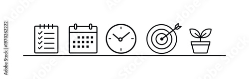 Personal productivity tracking and habit building for consistent self-improvement and structured daily routines, checklist, calendar page, clock