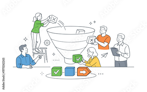A process simplification and minimal workflow scene showing a small team reducing complexity around a large funnel and simplified blocks, using a