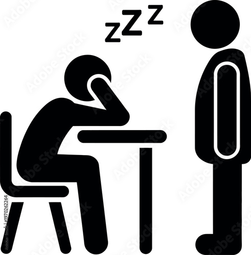 A person falling asleep at a desk while another person stands nearby watching.