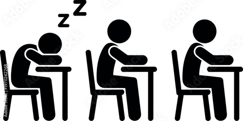 Three students showing different levels of attentiveness during a class or meeting