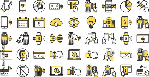Payment transaction icon set. Mobile banking finance and money symbols. Cash wallet transfer and digital commerce logotypes. Vector illustration.
