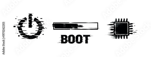 Digital system boot and initialization theme, a set of three glitch-distorted monochrome objects arranged on a perfectly clean white background