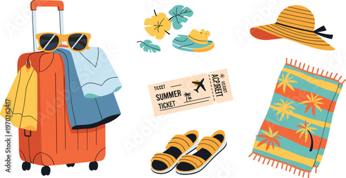 Summer Vacation Icon Set Featuring Luggage, Sunglasses, Hat, Ticket, and Beach Accessories for Web, Apps, and Digital Media Designs