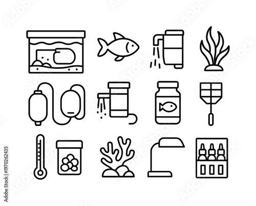 Aquarium fish tank: fish tank, goldfish, aquarium plant, air pump, filter, fish food container, net, thermometer, gravel stones, coral decoration