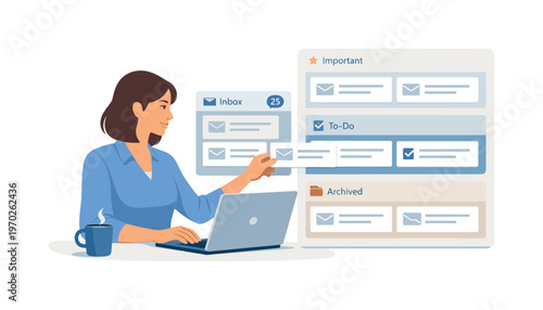 A professional organizing a clean inbox during a focused digital workflow, sitting at a desk with a laptop while sorting a simple message panel into