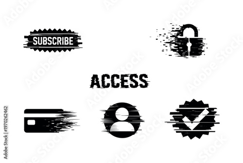 Digital subscription and access control theme, a set of five glitch-distorted monochrome objects floating on a perfectly clean white background