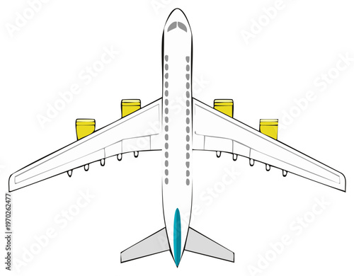 Top down vector illustration of a white passenger airplane with four yellow engines