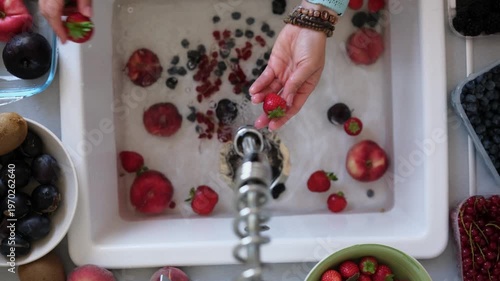 Girl washing strawberries and other fruits in a sink filled with water and berries