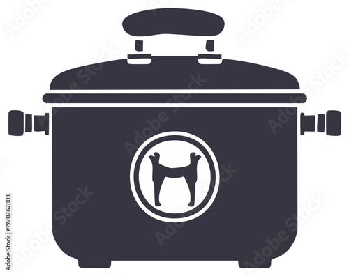 Stylized illustration of a stewpot cooker with a hound silhouette emblem