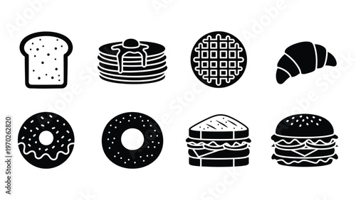 A collection of black silhouettes depicting various breakfast and lunch food items in a simple style silhouette high quality professional detailed