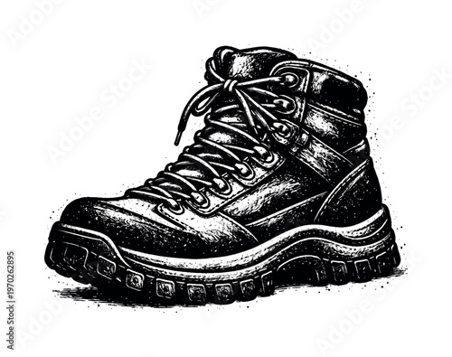 A rugged hiking boot viewed in a three-quarter side angle, enlarged to dominate the frame as a heavy textured object on a pure white background, with