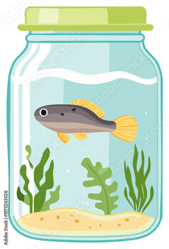 Isolated illustration of a small pet fish in a water filled jar with sand and seaweed