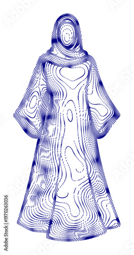 Elegant flowing abaya with intricate contour line design, symbolizing modern modest fashion.