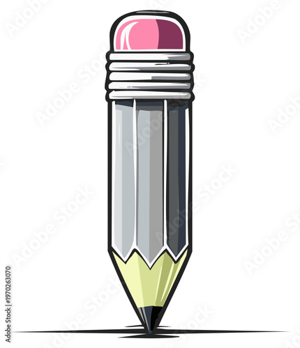 Stylized graphite pencil with pink eraser and pointed tip casting a shadow
