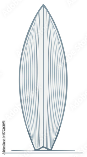 Minimalist surfboard line art stands upright ready for the waves summer activity outline illustration graphics icon.