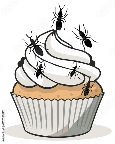 Cartoon ants crawling on a frosted cupcake, sweet treat pest problem illustration
