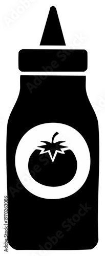 Black and white vector illustration of a ketchup bottle with a tomato symbol.