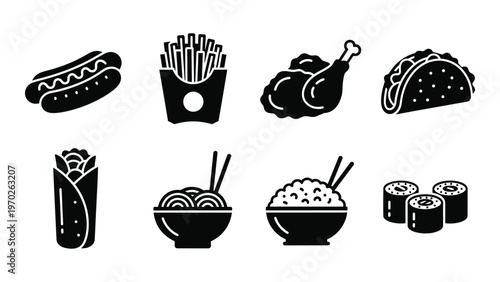 A collection of fast food items including hot dogs fries chicken tacos and sushi presented as a silhouette high quality professional